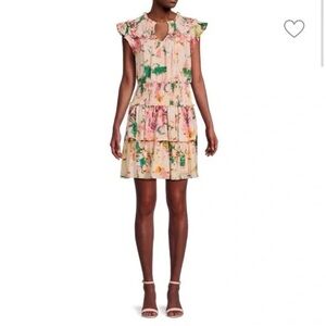 BCBGMaxAzria Women's Peach Floral Smocked Tiered Cap Sleeve Dress Size Small